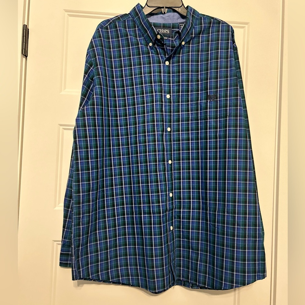 Men’s 2XL Chaps Blue and Green Plaid Button Down Shirt Long Sleeve